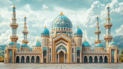 Fototapeta premium Majestic Mosque Architectural Design Beautiful Blue Domes