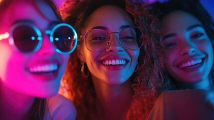 Fototapeta premium Friends Smiling in Multicolored Lighting