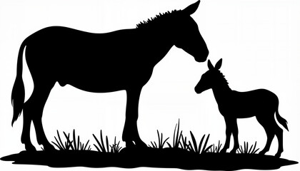 Fototapeta premium Nurturing silhouette of donkey mother and foal in grass, symbol of love