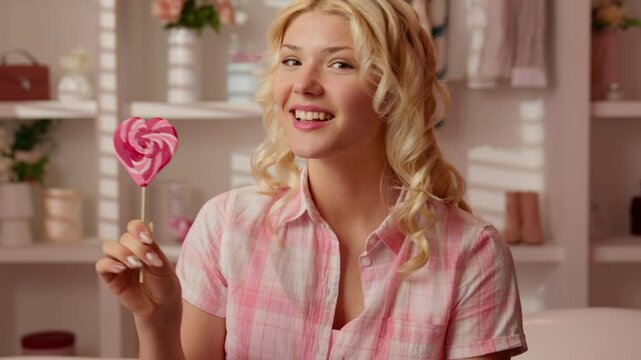Joyful happy Caucasian woman teen girl teenager female in glamour bathroom smiling bite pink sweet caramel lollipop in shape of heart on wooden stick candy delicious dessert food nutrition overweight