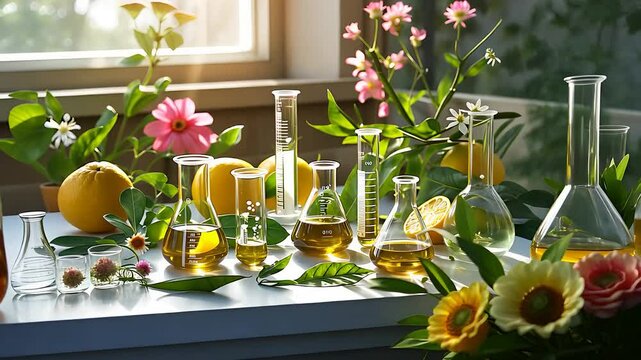 Natural essential oil extraction with glass laboratory flasks, fresh flowers, citrus fruits, and sunlight in a bright setting


