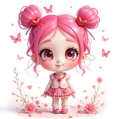 Fototapeta premium Charming doll with pink hair and butterflies