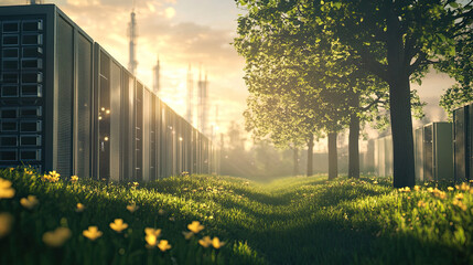 Serene Pathway Through Data Center Surrounded by Lush Greenery