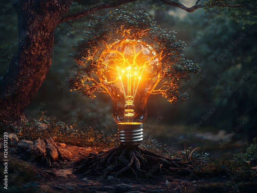 Poster glowing lightbulb tree with radiant roots of knowledge and innovative branches