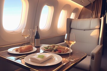 Food and wine are arranged on the table ready to be eaten on a first class flight