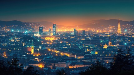 Obraz premium Nighttime Panorama of Ljubljana City Skyline Illuminating the Slovenes Landscape