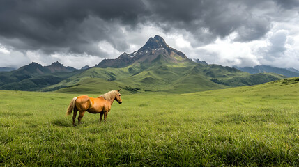Lone horse in green pasture, dramatic mountain backdrop, storm clouds