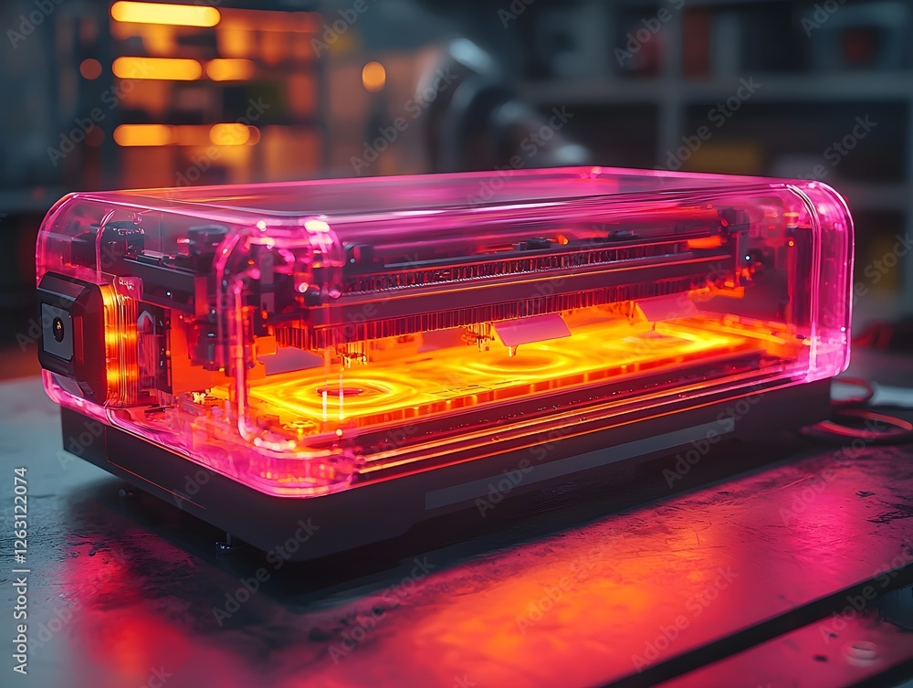 Poster glowing 3d printer creating vibrant inventions in a modern classroom