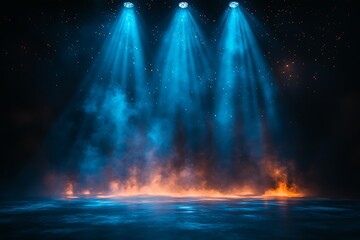 Dramatic Stage Lighting with Blue Haze and Sparkling Particles
