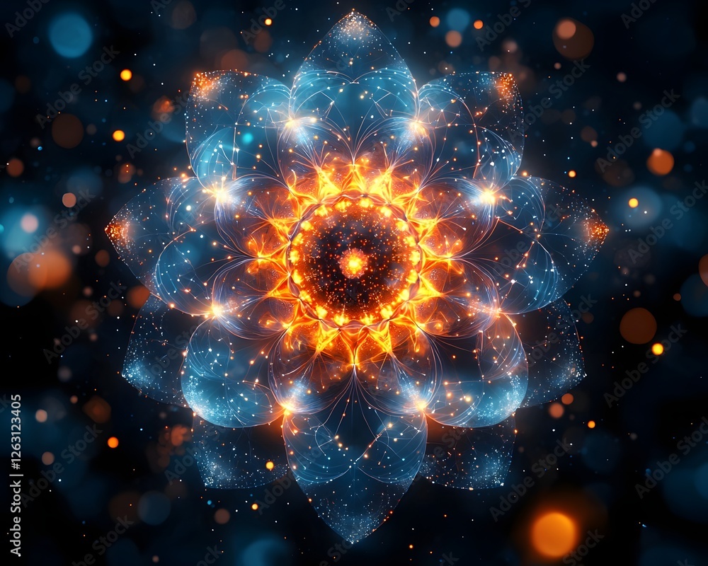 Poster vibrant tech mandala advanced computational patterns and quantum particles fusion
