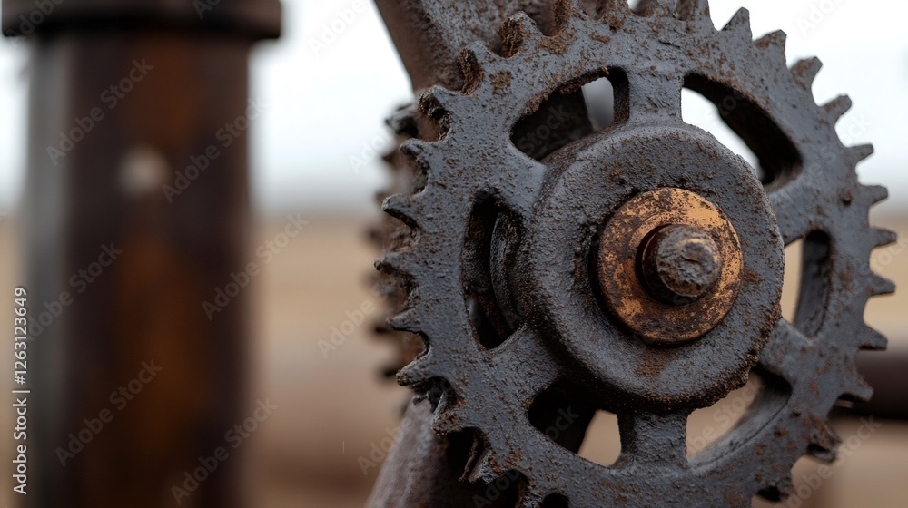 Poster close up of weathered gears exhibiting wear and tear, functioning within a larger mechanism likely e