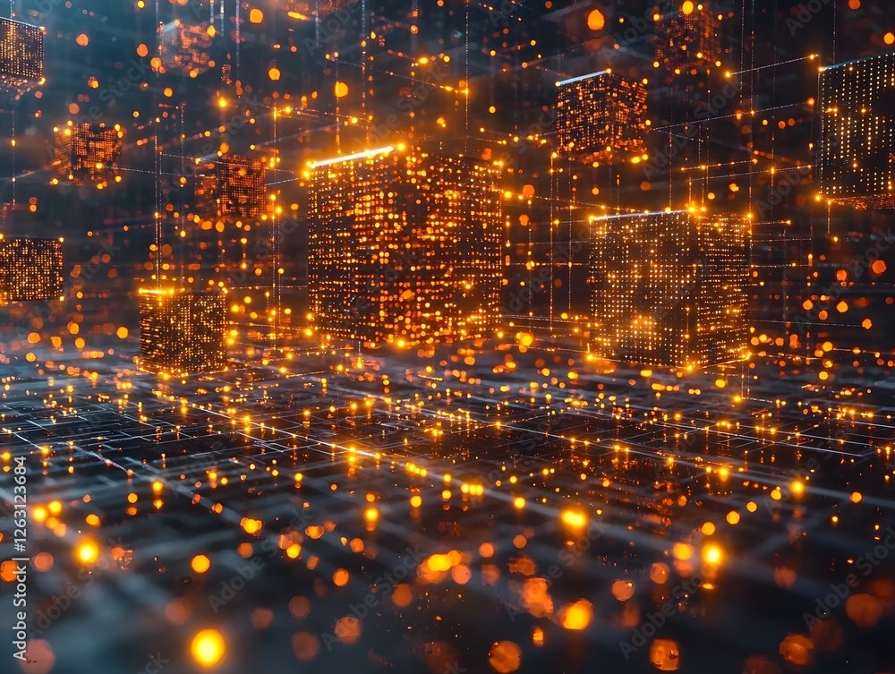 Poster blockchain technology concept with glowing 3d cubes and luminous chains in virtual space