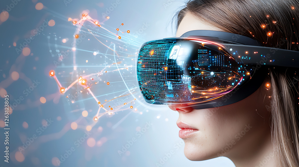 Poster exploring virtual reality innovations technology digital realm visual content futuristic setting clo