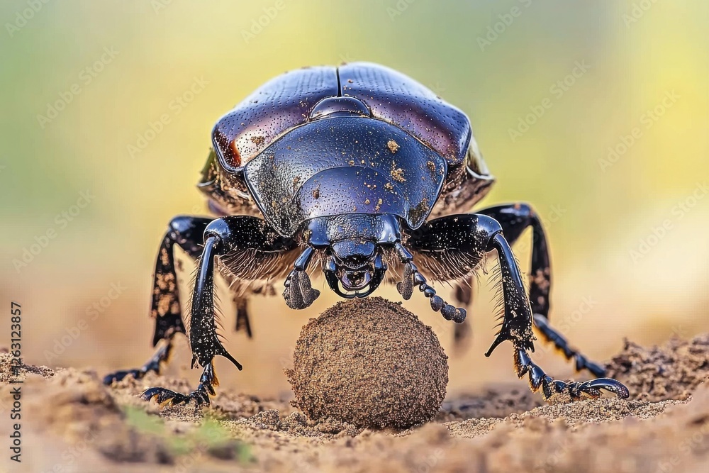 Poster extreme close-up of a dung beetle pushing its dung ball, capturing the intricate details of its exos