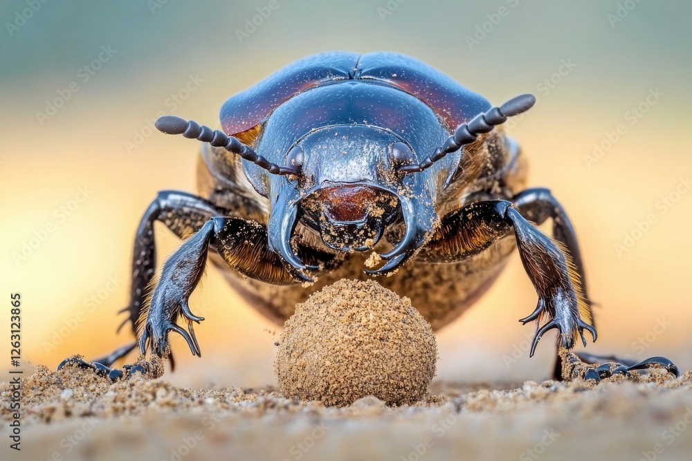 Poster detailed macro image of a dung beetle pushing a dung ball across sandy ground, showcasing its streng