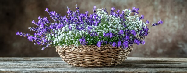 Fototapeta premium A basket of purple and white flowers sits on a wooden table