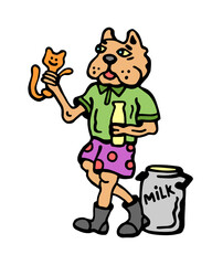 Dog feeding milk from a bottle to a small kitten, vector color illustration isolated on white background