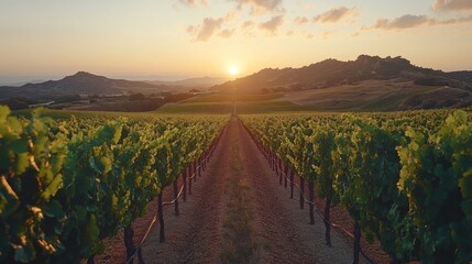 Naklejka premium Vineyard Rows Basking In Sunset Glory Over Rolling Hills