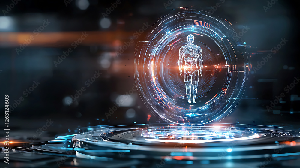 Poster futuristic human projection digital lab 3d visualization high-tech environment close-up view innovat