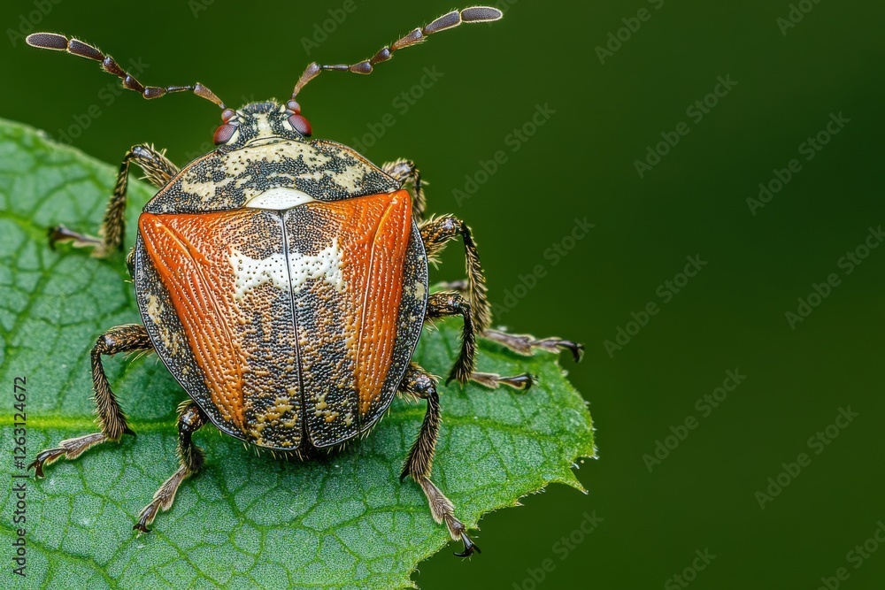 Poster a captivating close-up shot of a colorful shield bug perched on a green leaf, emphasizing the intric