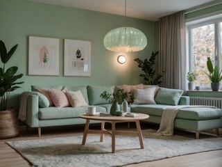 Obraz premium Green Living Room Featuring Sectional Sofa and Modern Lighting