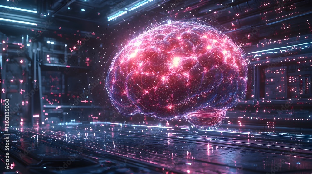 Poster luminous holographic neural network orb in futuristic lab symbolizing brain computer interface techn