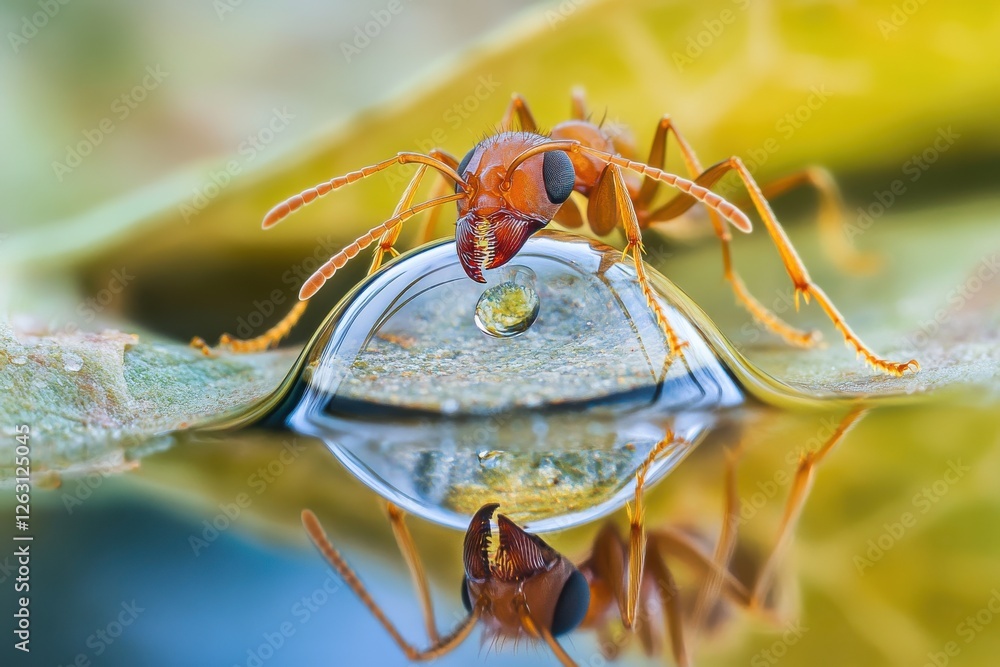 Poster extreme macro capturing an ant drinking from a dewdrop with its detailed reflection, set against a s