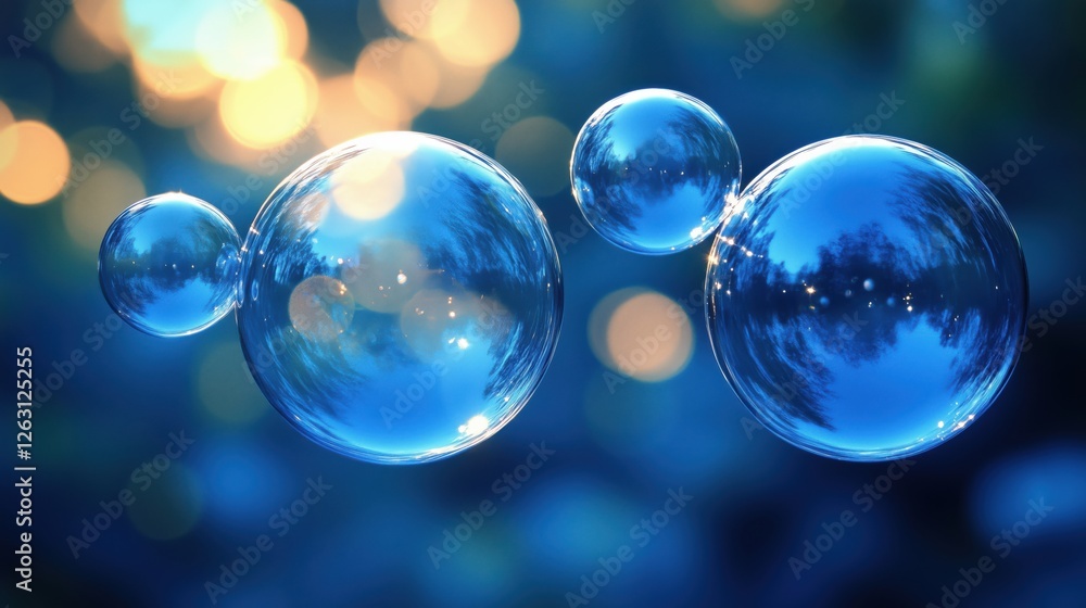 Poster clear blue bubbles floating against a blurred colorful background in an outdoor setting in soft even