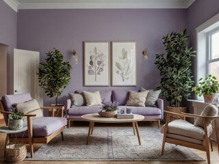Lavender Living Room Decor Featuring Plants And Wooden Furniture