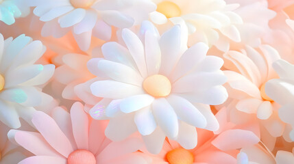 Fototapeta premium A field of oversized, velvety daisy paper flowers glowing softly with holographic light effects.