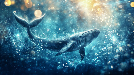 Fototapeta premium Majestic Whale Swimming Gracefully in Serene Underwater Environment Illuminated by Soft Sunlight and Sparkling Water Particles