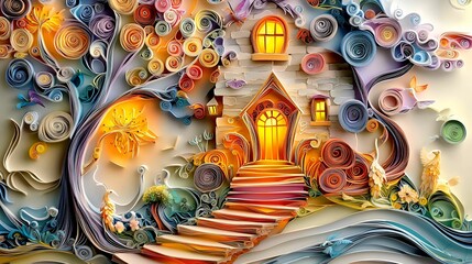 Obraz premium Urban Tourist attractions paper quilling. Whimsical house surrounded by colorful trees and flowers, radiating warmth and creativity.