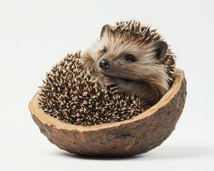 Obraz premium a tiny hedgehog curled into a ball, adorable spiky creature, isolated on white background