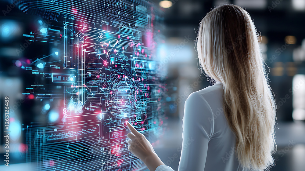 Poster data visualization action modern office digital interface high-tech environment user interaction tec