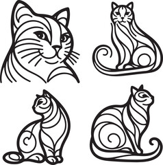 Set of cats. Domestic animal. Outline vector icons. Hand drawn illustrations on white background.