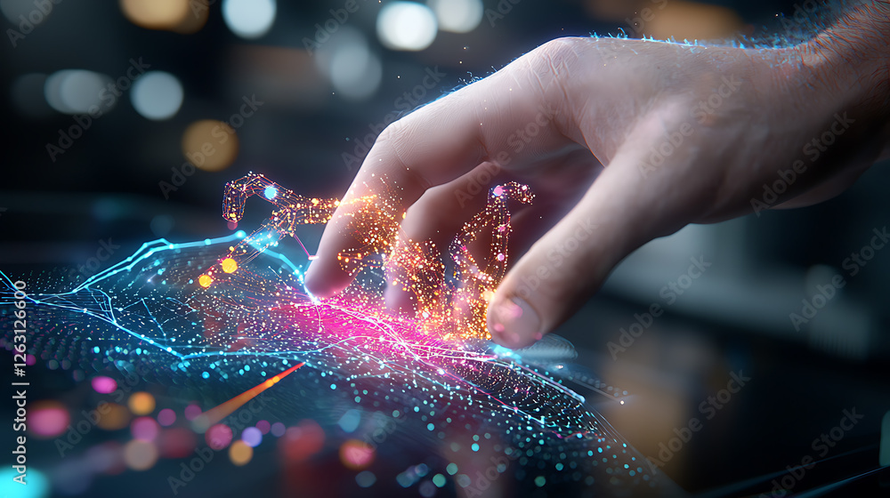 Aufkleber interactive technology showcase hand engaging data visualization in a futuristic environment