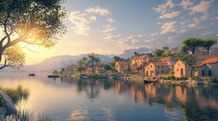 Sun-Kissed 3D Village on Riverbank