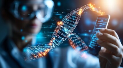 Scientist Using Smartphone with Digital DNA Helix Overlay