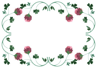 Rectangular frame of wild clover and shamrocks. Decor for graphic design, printing and packaging. Isolated hand-drawn watercolor illustration.