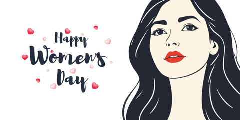 Happy internatinal women's day  wishes or greeting card banner or poster design silhouette, womens rights, equality, woman's face vector illustration with stylish hair, smiling, in a cartoon style