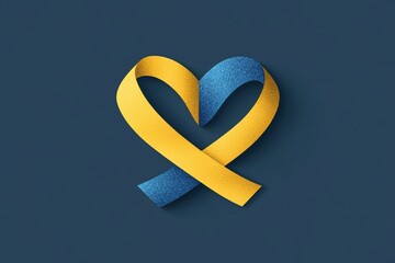 Yellow and blue ribbon forming a heart shape on a dark blue background, symbolizing World Down Syndrome Day and awareness