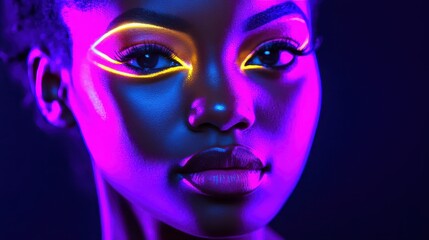 Fototapeta premium Portrait of young black woman with glowing neon makeup