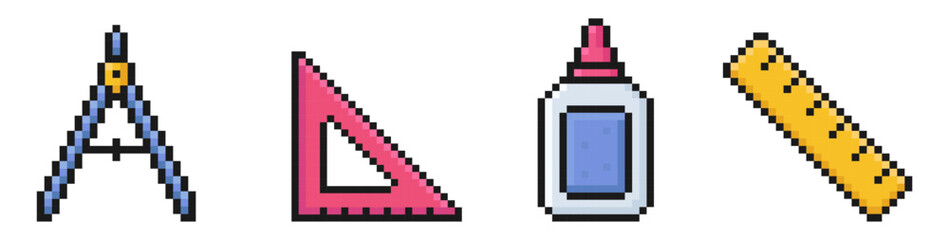 school supplies pixel art icons, back to school, 80s, 90s, old arcade game item style, compass, triangle, ruler, glue, vector illustration