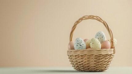 Fototapeta premium Cherry blossoms with Easter eggs in basket card Mockup holiday Product photography