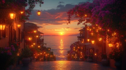 Obraz premium Sunset Over Coastal Town With Illuminated Street