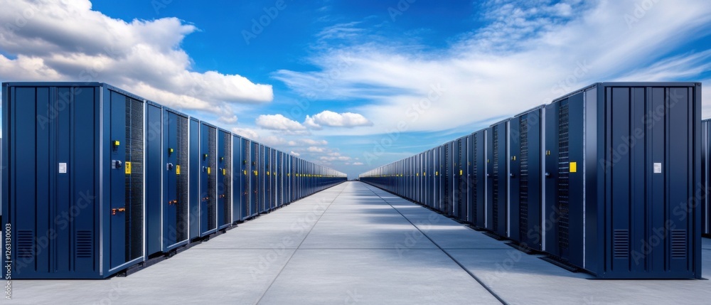 Aufkleber rows of modern data storage units under vibrant sky with clouds and smooth pavement pathway