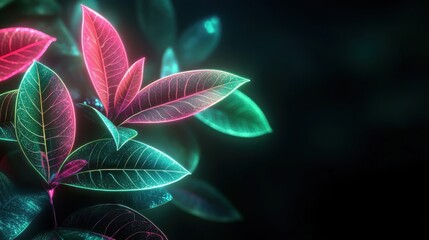 Obraz premium Creative Neon Leaves Glowing with Pink and Green