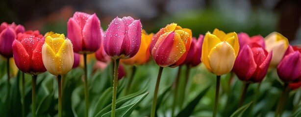 Fototapeta premium A row of colorful flowers with some of them having dew on them