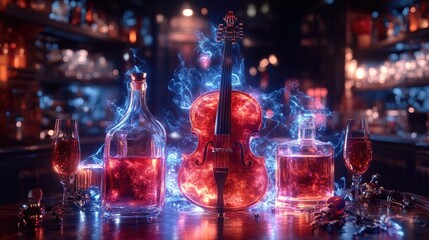 Violin Bottles Glasses Illuminated In Mystical Light