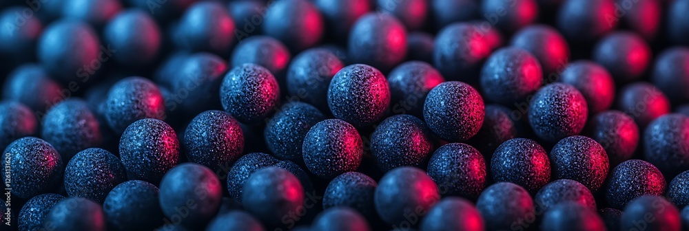 Poster a close-up view of numerous textured spheres in blue and red hues, creating a visually striking and 